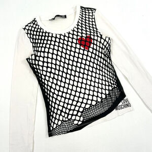 y2k Moschino white long sleeve top, black fishnet print
